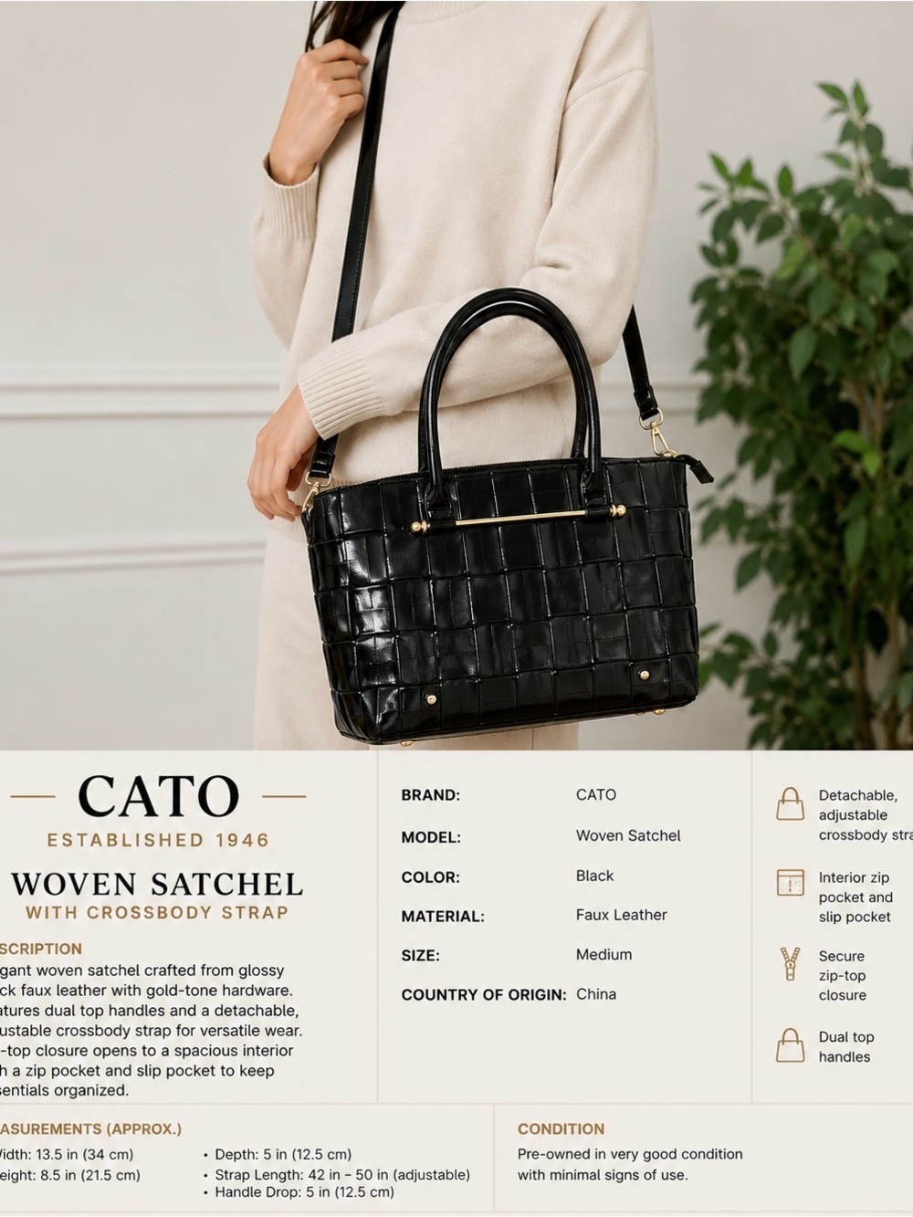 CATO Black Woven Satchel with Gold Accents and Crossbody Strap